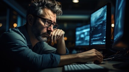 Waist-up view of bearded man wearing eyeglasses and casual attire, sitting in front of computer in modern office,