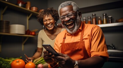 A senior black man holding a kitchen knife and carrots Mature woman holding a smartphone Both in an apron and laughing - Powered by Adobe