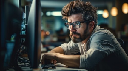 Waist-up view of bearded man wearing eyeglasses and casual attire, sitting in front of computer in modern office, - obrazy, fototapety, plakaty