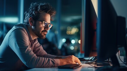 Waist-up view of bearded man wearing eyeglasses and casual attire, sitting in front of computer in modern office, - obrazy, fototapety, plakaty
