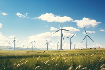 Wind power station in the field. Renewable energy, ecology, environment concept