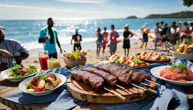 food on the beach Barbecue party with people in the background, beach party, sea, grilled steak, grilled meat and skewers, fire, summer party, barbecue at the beach, people having fun, family and frie