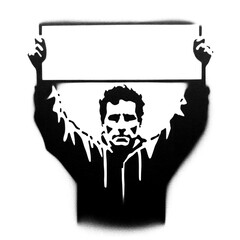 a man holding up a sign in stencil-art style,black and white, generative ai