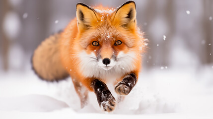 Obraz premium Intense red fox stalking through deep snow, focused and alert in its habitat. 