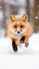 Joyful red fox leaping in a snowy landscape, a vibrant winter wildlife scene.
