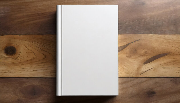 Top view of a white blank book with hard cover lying on a brown table