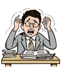 A stressed man sitting on a desk with books