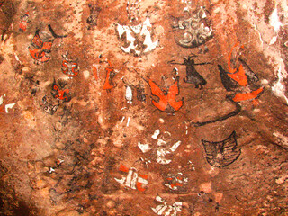 Painted Caves of Guachipas (Argentina). Set of pre-Hispanic aboriginal paintings with...