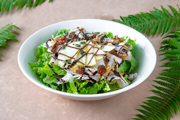 fresh salad topped with thinly sliced chicken meat walnuts, sweet sultanas, pear slices, pumpkin seeds and balsamic vinegar from Modena on a centred, horizontal plate 