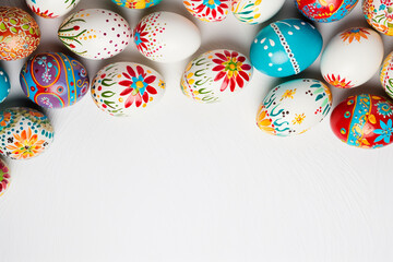 Fototapeta na wymiar Beautiful Easter eggs on a white background. Selective focus.