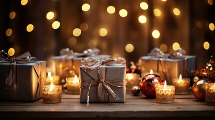 Fototapeta na wymiar Happy New Year: Christmas gifts, decorated garland and lit candles on rustic wooden table