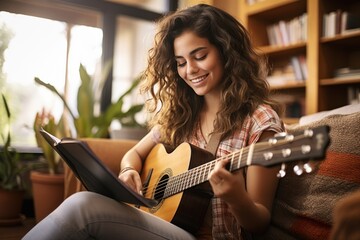 Beautiful young woman playing guitar with Digital tablet learning to play in online course sitting on sofa at home - Powered by Adobe