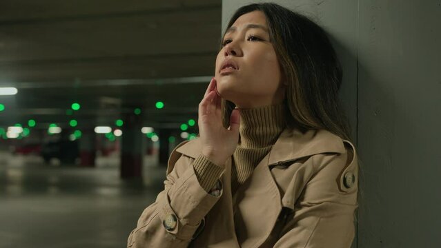 Stressed anxious sad upset Asian woman girl chinese korean japanese female lady alone lonely in car parking difficult negative thoughts quarrel depressed suffer stress fatigue psychological problem