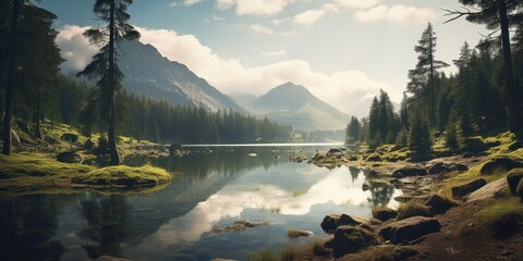 Majestic mountains surround a serene lake, embraced by morning fog, creating an atmospheric and tranquil scene.