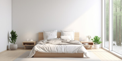 A modern and stylish bedroom interior with a bright, comfortable bed, simple design