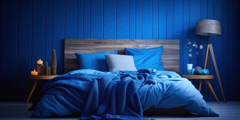 A modern and stylish bedroom with blue accents, comfortable furniture, and a touch of luxury for a cozy ambiance.