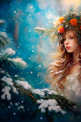 Beautiful Christmas background with woman face and place. Selective focus.