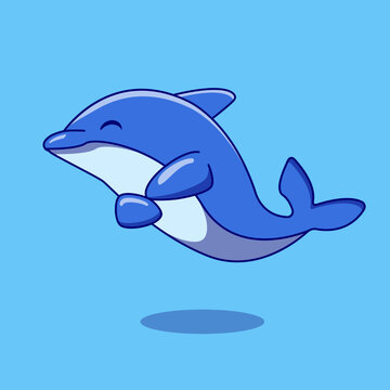 cute dolphin fish cartoon vector icon illustration animal nature icon concept isolated flat vector for banner, poster, chlidren book cover, with blue background