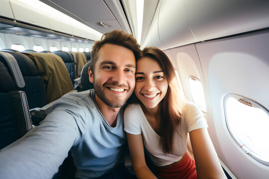 Happy tourist taking a selfie inside an airplane - Vacation and Transportation Concept