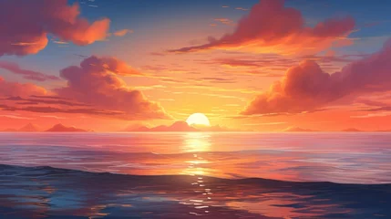 Poster an image portraying a spectacular sunrise over the ocean horizon, with the sun's rays illuminating the sky in vibrant hues of orange and pink, reflecting on the calm waters below, - Generative AI © Huzaifa