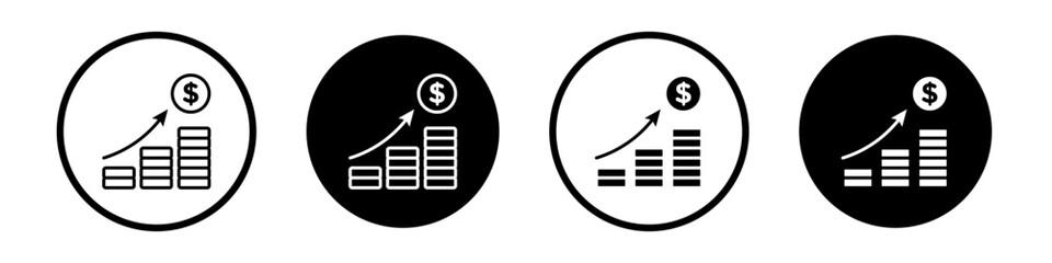 Fund growth icon set. revenue increase vector symbol. cost rise sign. profit margin increase icon in black filled and outlined style. - obrazy, fototapety, plakaty