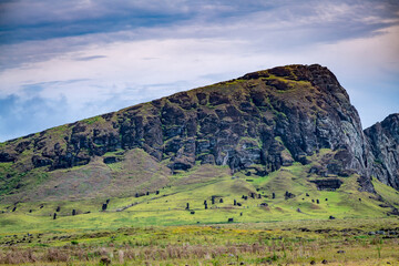 moais in the quarry of Rano Raraku, in Rapa Nui, Easter Island