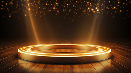 golden round podium with light clouds, a stage for a new product with an empty copy space