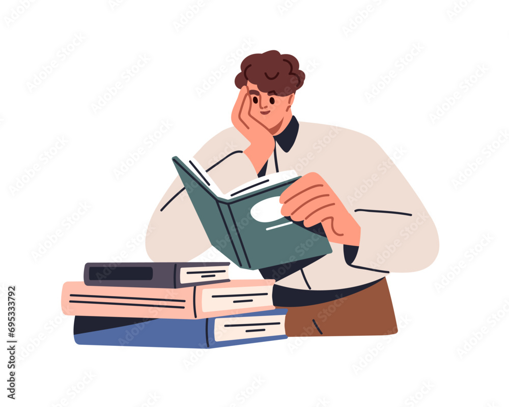 Poster man student reading book, studying. person learning science, business, preparing for exam. happy boo