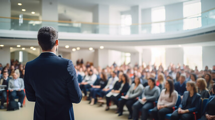 Fototapeta premium speaker in front of the audience back view, debate, male lecturer speaking in front of a hall of people, the concept of public speaking abstract fictional