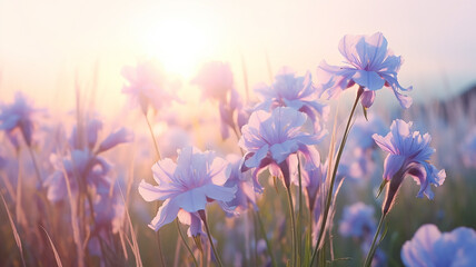 delicate soft pastel blue flowers in the morning mist, light blue irises on a wild field in the pink tones of spring - obrazy, fototapety, plakaty