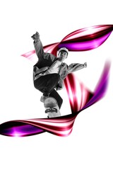 Teen boy, skateboarder in motion, training against white background with colorful abstract element. Creative design. Concept of creativity, art, sport, competition, training, action