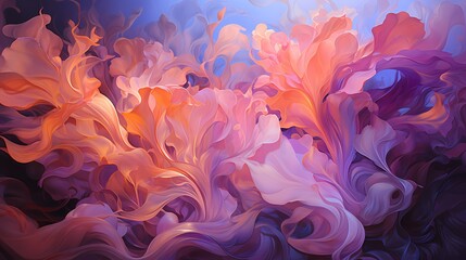 Close-up of ethereal liquid flames in a captivating blend of lavender and lilac colors, casting a gentle and enchanting glow in a surreal landscape