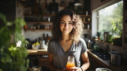 Hispanic young woman vlogging healthy smoothies recipes in a rustic kitchen