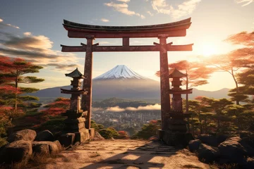 Poster Im Rahmen Japanese tori gate:composite image. Mount Fuji © sirisakboakaew