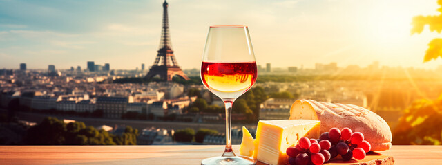 Glass of wine and cheese Eiffel Tower background. Selective focus. - obrazy, fototapety, plakaty