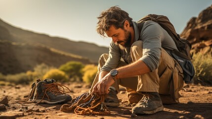 Man setting up shoe laces outdoors in the wilderness