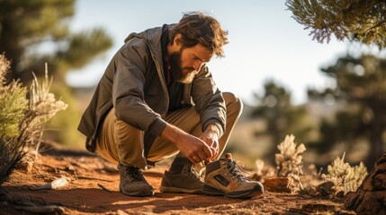 Man setting up shoe laces outdoors in the wilderness