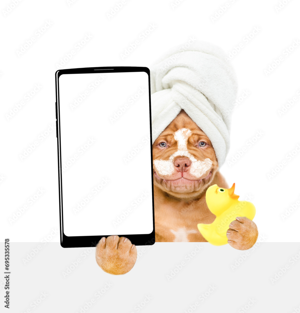 Aufkleber mastiff puppy with towel on it head, with cream on it face holds rubber duck and big smartphone with