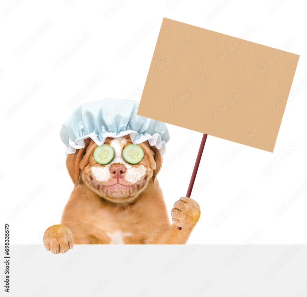 Poster mastiff puppy wearing shower cap with pieces of cucumber on it eyes and with cream on it face holdin