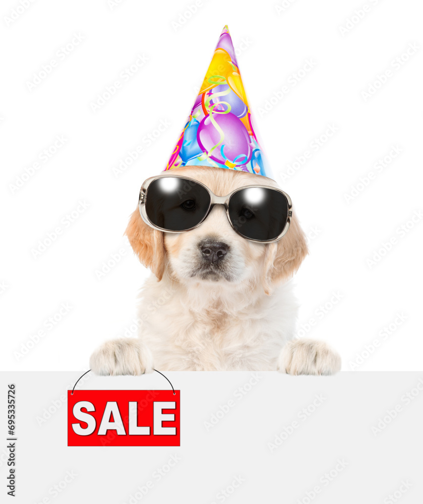 Poster golden retriever puppy wearing sunglasses and party cap shows signboard with labeled 