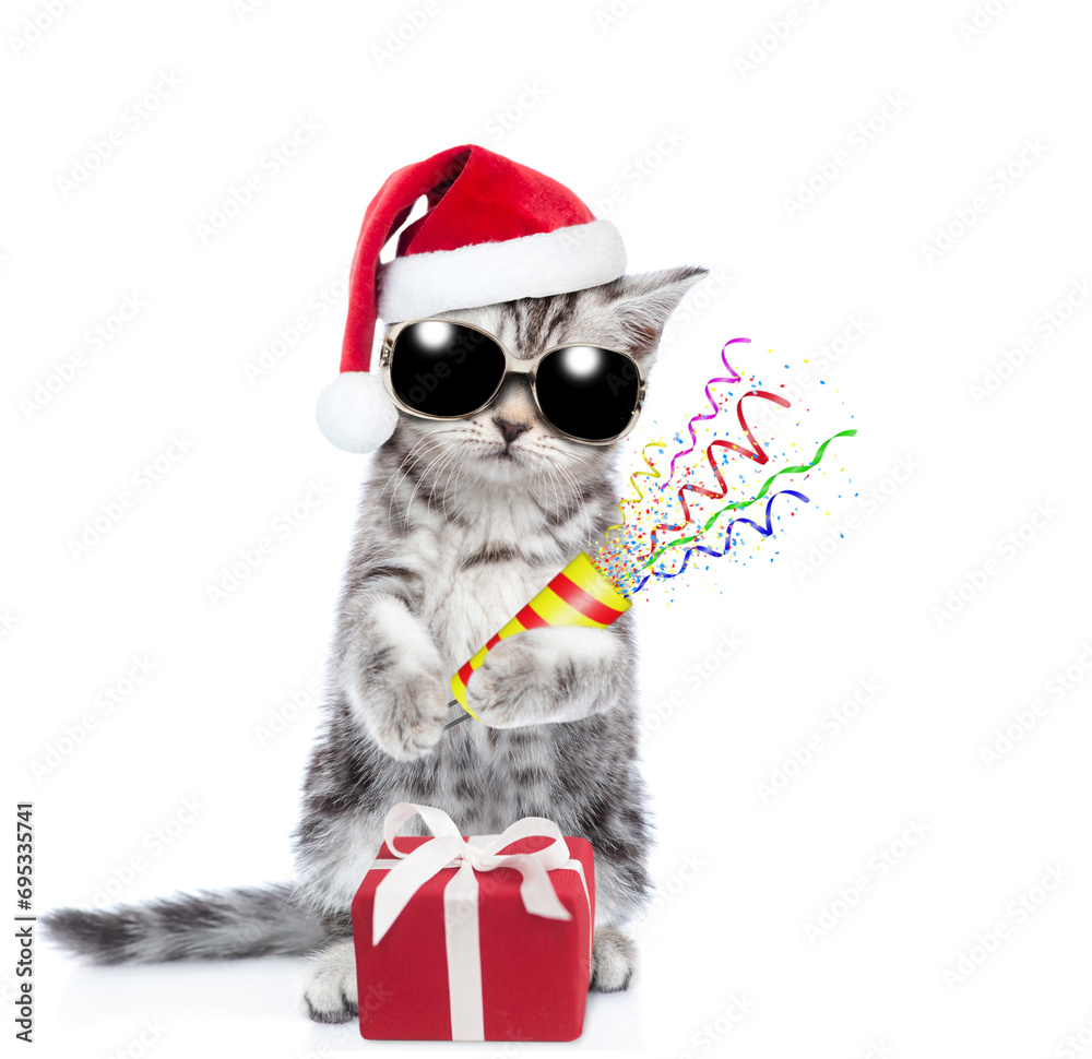 Poster cool kitten wearing red santa hat and sunglasses stands with gift box and holds exploding firecracke