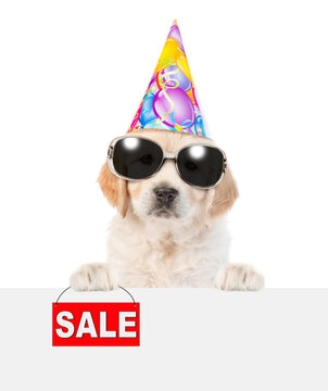 Golden retriever puppy wearing sunglasses and party cap shows signboard with labeled "sale" from behind empty white banner. isolated on white background