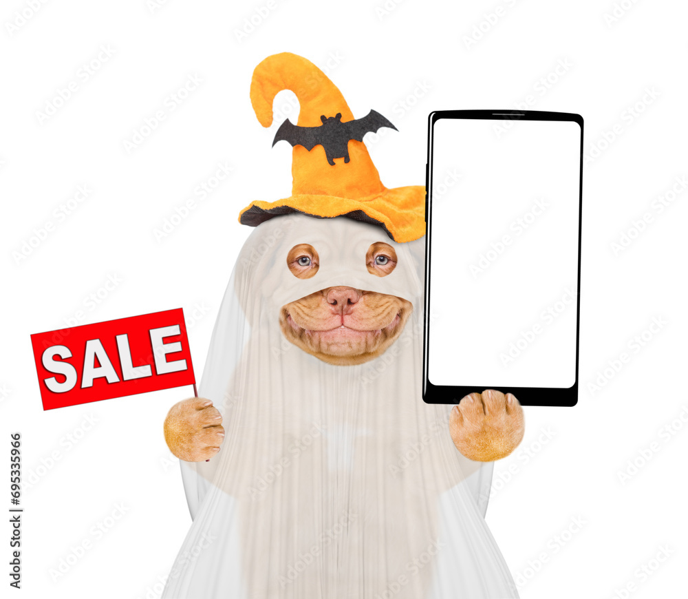 Aufkleber mastiff puppy celebrating halloween in ghost costume with withes hat and holding big smartphone with