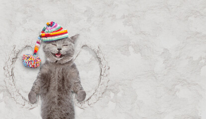 Happy cat wearing warm knitted hat with pompon making snow angel while lying on snow. Empty space...
