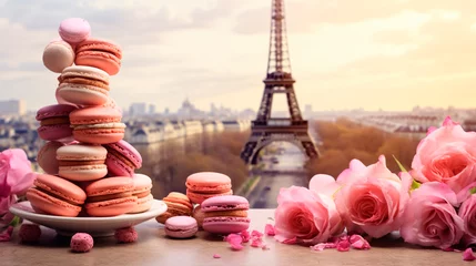 Schilderijen op glas Macarons with the Eiffel Tower in the background. Selective focus. © Яна Ерік Татевосян