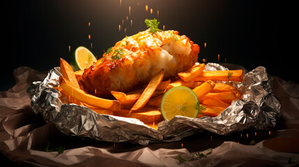 French fries and fish baked in foil. Selective focus. - obrazy, fototapety, plakaty