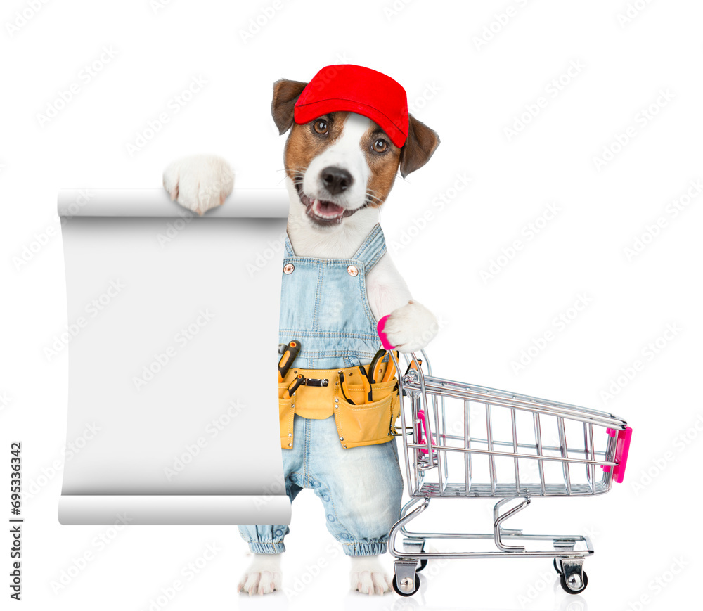 Poster funny jack russell terrier puppy wearing red cap and denim overalls with tool belt shows empty list 