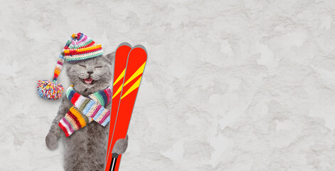 Happy cat wearing warm woolen  hat with pompom and knitted scarf lying on the snow and holding skis...