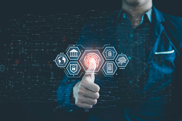 Businessmen fingerprint scanning, Biometric authentication for Security of future technology, Surveillance for security scanning of digital programs cyber futuristic applications, Big Data, Banking.