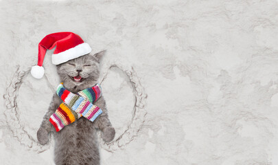 Happy cat wearing red santa hat and warm knitted scarf making snow angel while lying on snow. Empty space for text